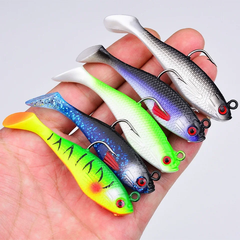 1pc Fishing Lure 75mm 85mm Artificial Sinking Swimbait Curly T Tail Jig Head  Soft Bait Rubber Goods For Bass Pike