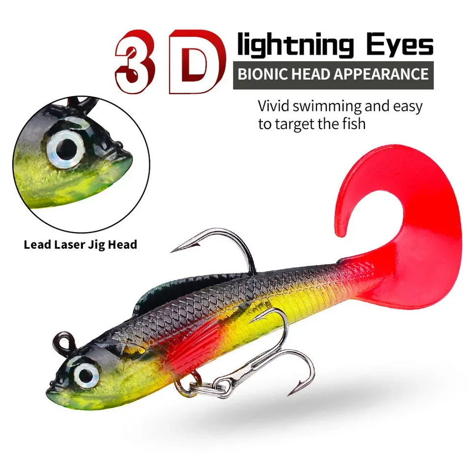 1pc Fishing Lure 75mm 85mm Artificial Sinking Swimbait Curly T Tail Jig Head  Soft Bait Rubber Goods For Bass Pike