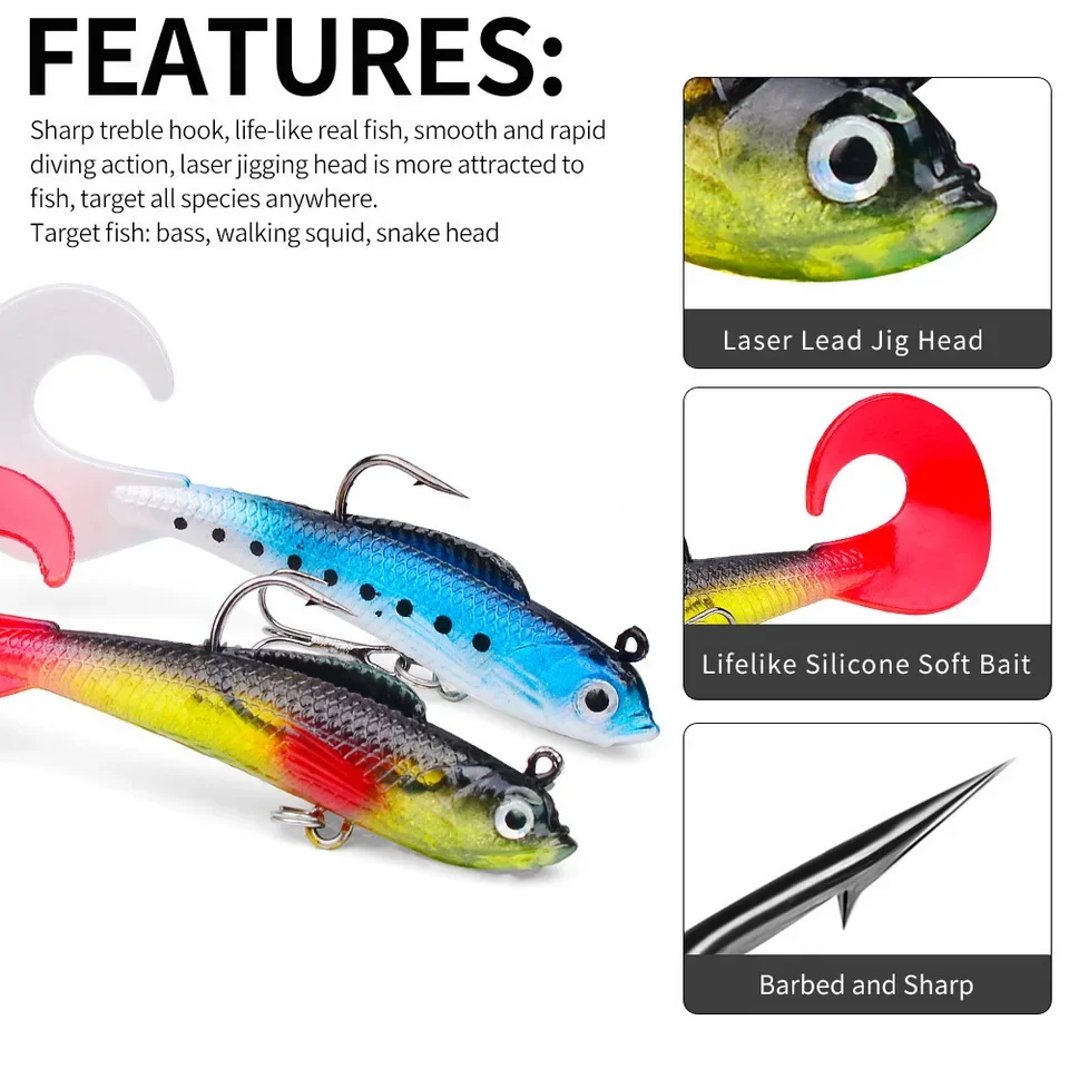 1pc Fishing Lure 75mm 85mm Artificial Sinking Swimbait Curly T Tail Jig Head  Soft Bait Rubber Goods For Bass Pike