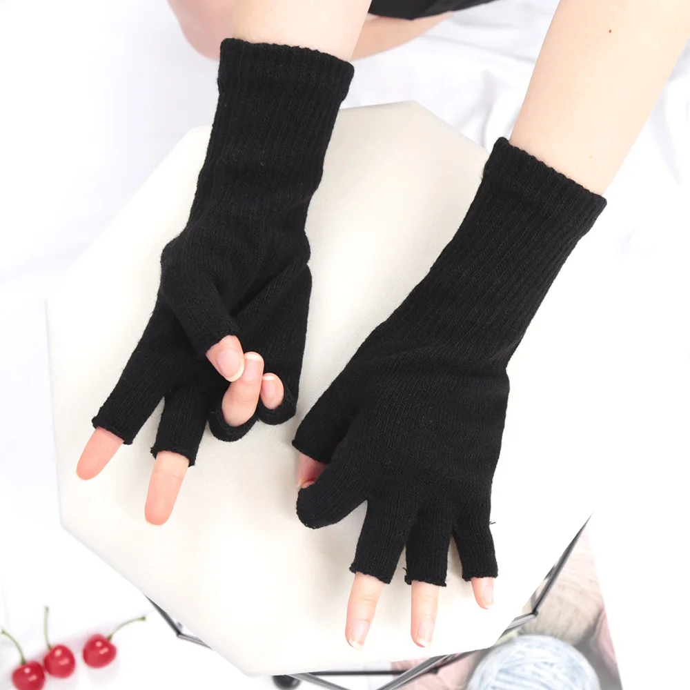 Unisex Knitted Half Finger Gloves Long Wrist Fingerless Gloves for Women Men Winter Black Warm Workout Cycling Gloves