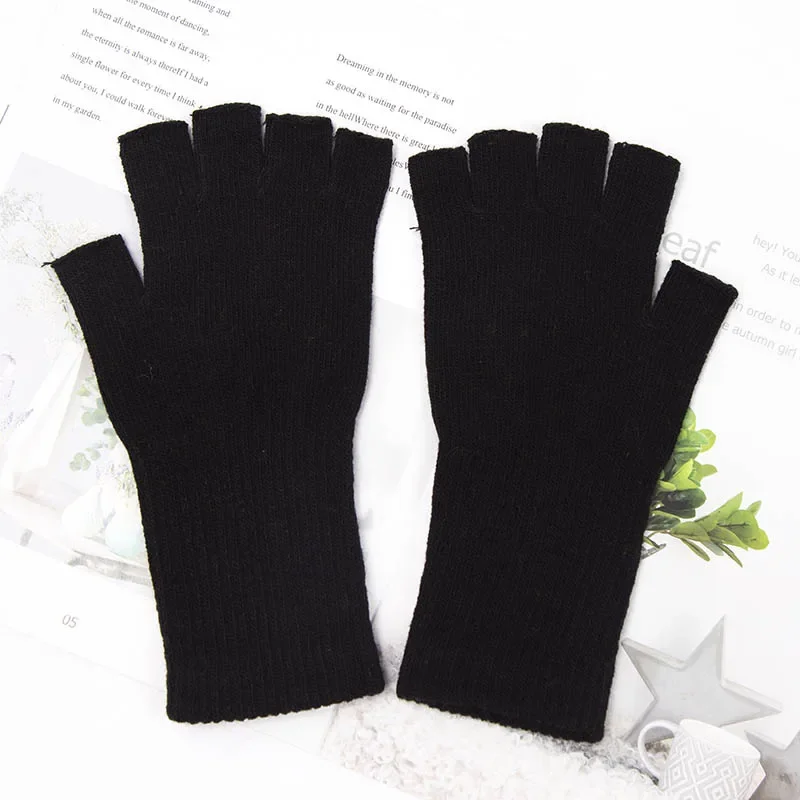 Unisex Knitted Half Finger Gloves Long Wrist Fingerless Gloves for Women Men Winter Black Warm Workout Cycling Gloves