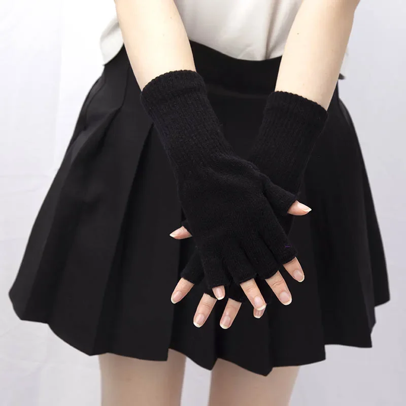 Unisex Knitted Half Finger Gloves Long Wrist Fingerless Gloves for Women Men Winter Black Warm Workout Cycling Gloves