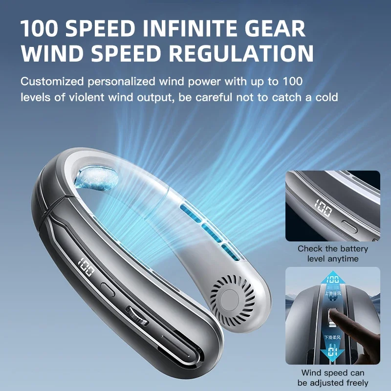 8000mAh Air Cooler USB Hanging Neck Fan Portable Bladeless Mini Rechargeable Mute LED Digital Display Electric Fans 2025 New