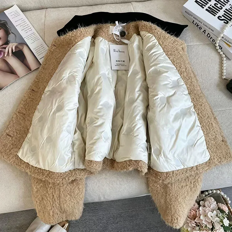 French Camel Faux Lamb Short Jacket for Women Winter Thick Warm Outerwear Female Color Block Turndown Collar Jacket with Pockets