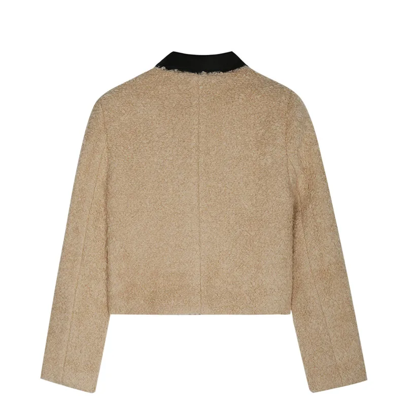 French Camel Faux Lamb Short Jacket for Women Winter Thick Warm Outerwear Female Color Block Turndown Collar Jacket with Pockets