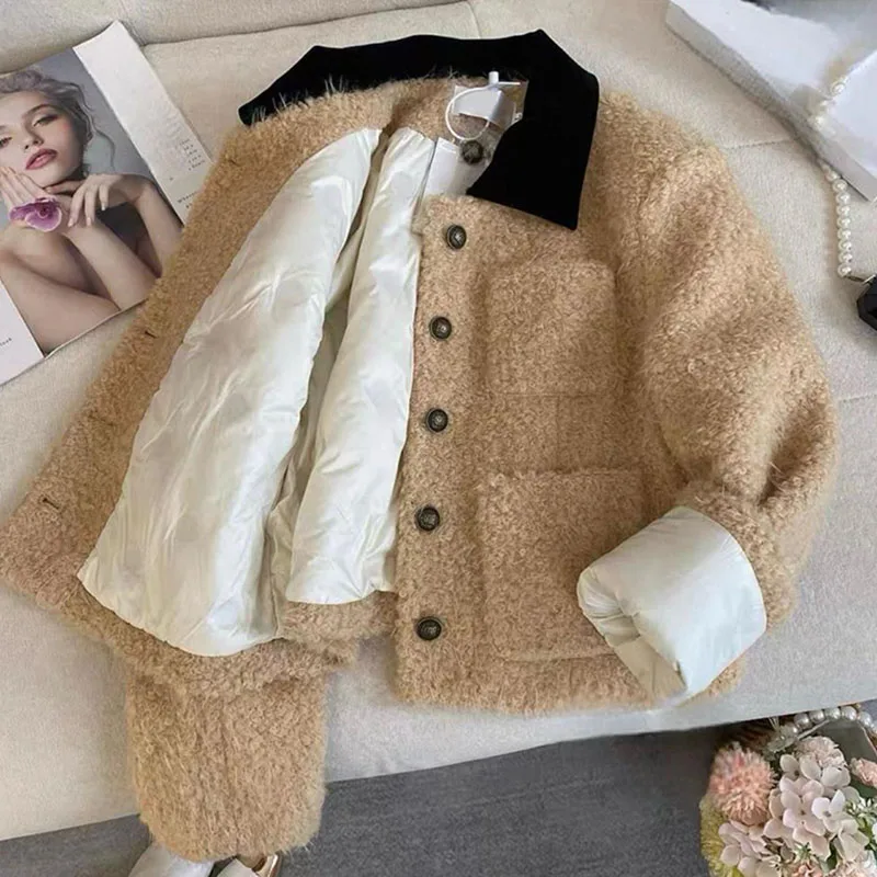 French Camel Faux Lamb Short Jacket for Women Winter Thick Warm Outerwear Female Color Block Turndown Collar Jacket with Pockets