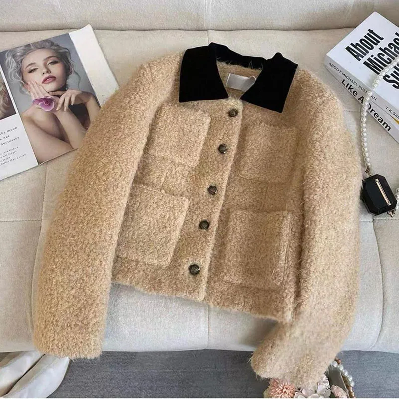 French Camel Faux Lamb Short Jacket for Women Winter Thick Warm Outerwear Female Color Block Turndown Collar Jacket with Pockets