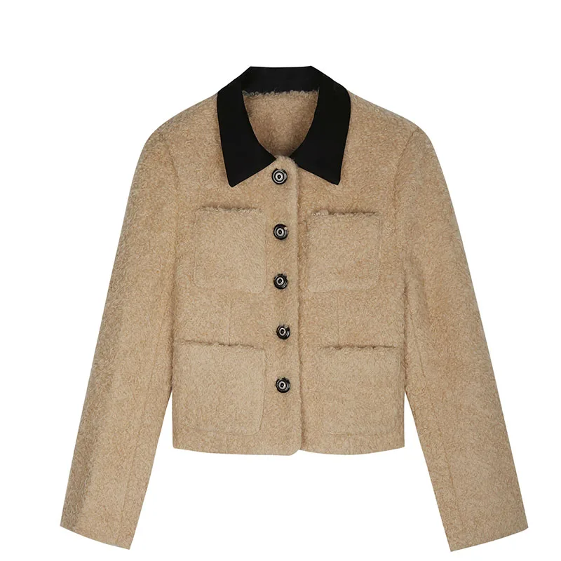 French Camel Faux Lamb Short Jacket for Women Winter Thick Warm Outerwear Female Color Block Turndown Collar Jacket with Pockets