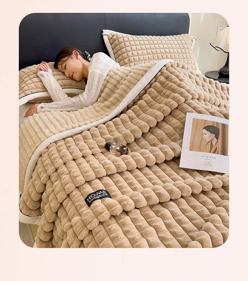 Thick Faux Rabbit Fur Blanket Raised Stripe Autumn Winter Warm Throw Blankets for Bed Sofa Single Double Fluffy Plush Bedspread