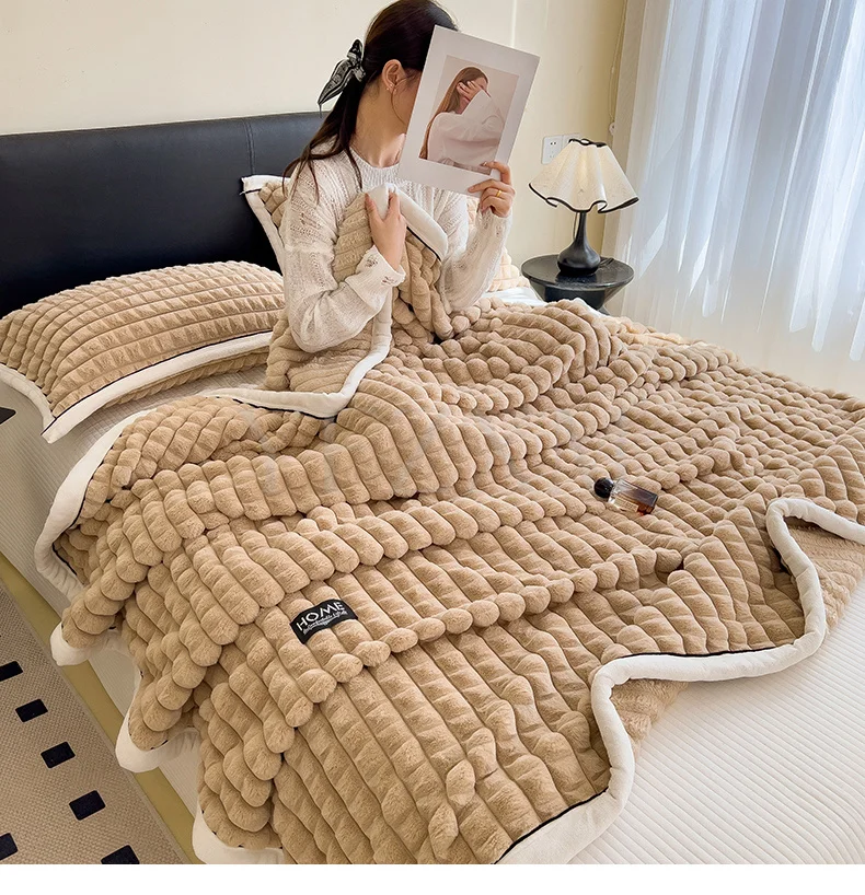 Thick Faux Rabbit Fur Blanket Raised Stripe Autumn Winter Warm Throw Blankets for Bed Sofa Single Double Fluffy Plush Bedspread
