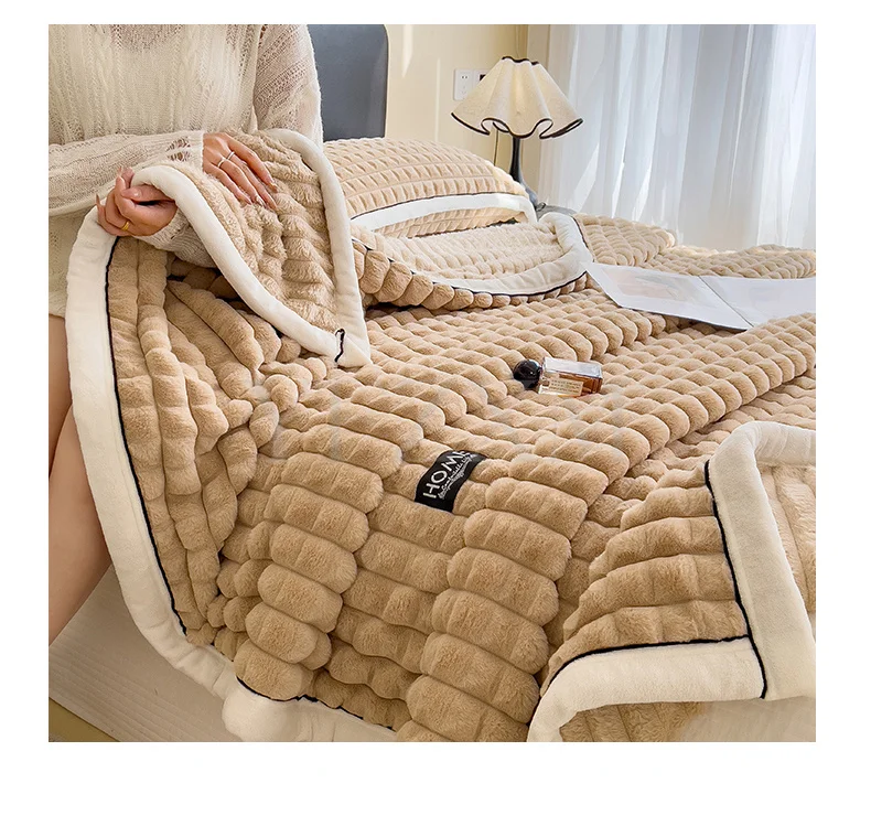 Thick Faux Rabbit Fur Blanket Raised Stripe Autumn Winter Warm Throw Blankets for Bed Sofa Single Double Fluffy Plush Bedspread
