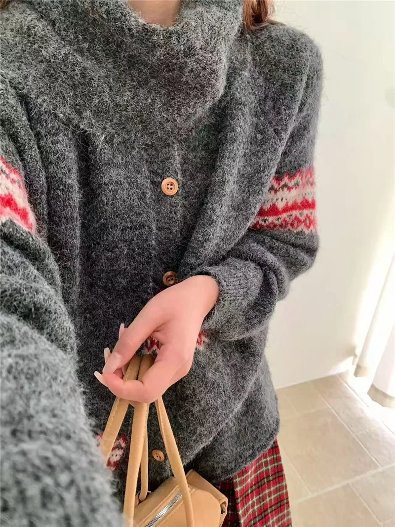 Fair Isle Jacquard Sweater with Scarf for Women Autumn Winter Warm Oversized Knit Cardigan Woman Soft Cozy Long Sleeve Knitwearv
