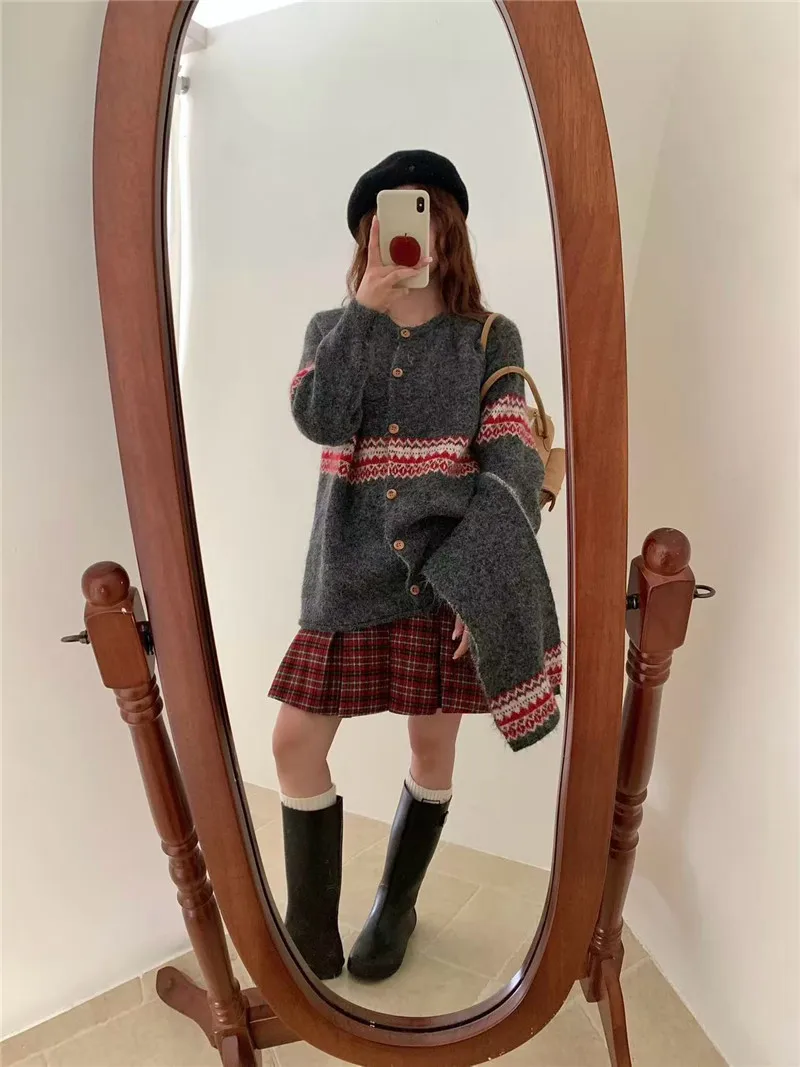 Fair Isle Jacquard Sweater with Scarf for Women Autumn Winter Warm Oversized Knit Cardigan Woman Soft Cozy Long Sleeve Knitwearv