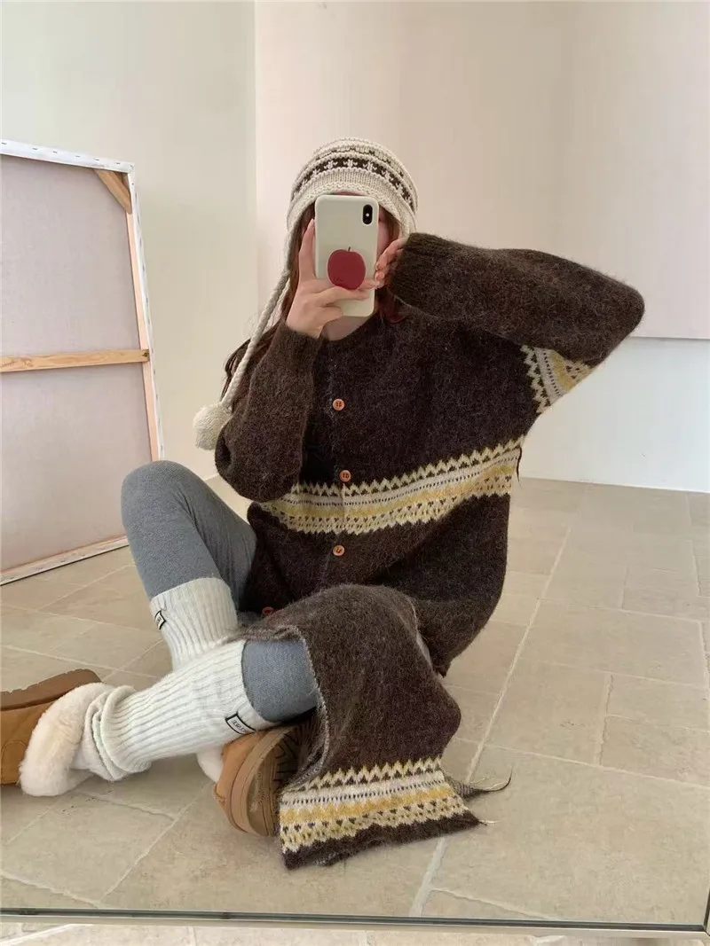 Fair Isle Jacquard Sweater with Scarf for Women Autumn Winter Warm Oversized Knit Cardigan Woman Soft Cozy Long Sleeve Knitwearv