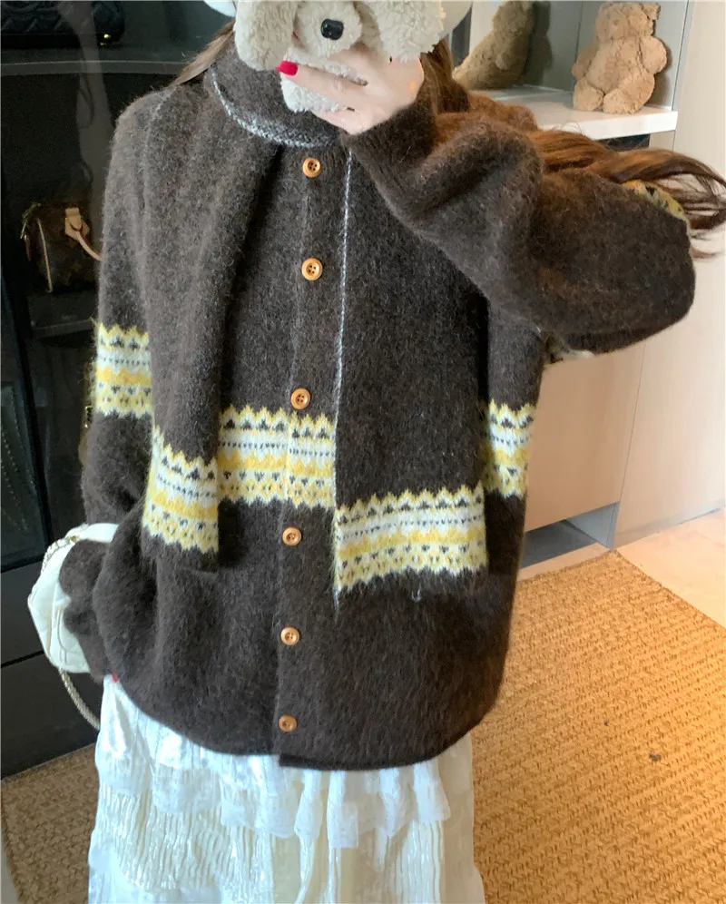 Fair Isle Jacquard Sweater with Scarf for Women Autumn Winter Warm Oversized Knit Cardigan Woman Soft Cozy Long Sleeve Knitwearv