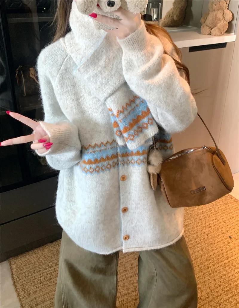 Fair Isle Jacquard Sweater with Scarf for Women Autumn Winter Warm Oversized Knit Cardigan Woman Soft Cozy Long Sleeve Knitwearv