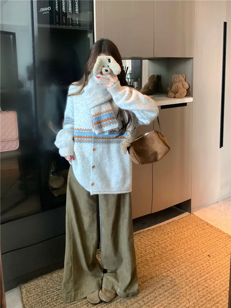 Fair Isle Jacquard Sweater with Scarf for Women Autumn Winter Warm Oversized Knit Cardigan Woman Soft Cozy Long Sleeve Knitwearv