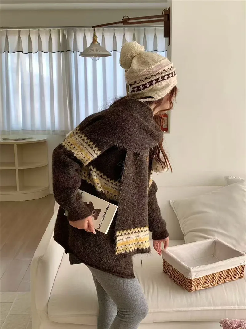 Fair Isle Jacquard Sweater with Scarf for Women Autumn Winter Warm Oversized Knit Cardigan Woman Soft Cozy Long Sleeve Knitwearv