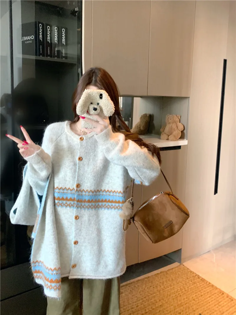 Fair Isle Jacquard Sweater with Scarf for Women Autumn Winter Warm Oversized Knit Cardigan Woman Soft Cozy Long Sleeve Knitwearv