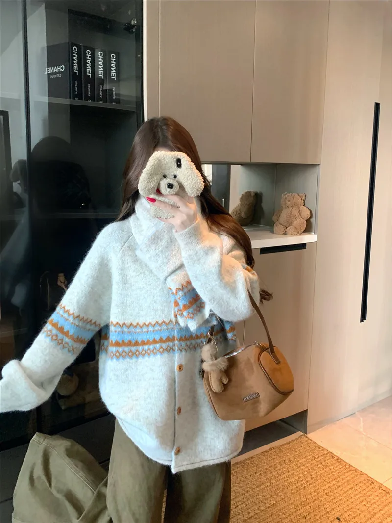 Fair Isle Jacquard Sweater with Scarf for Women Autumn Winter Warm Oversized Knit Cardigan Woman Soft Cozy Long Sleeve Knitwearv