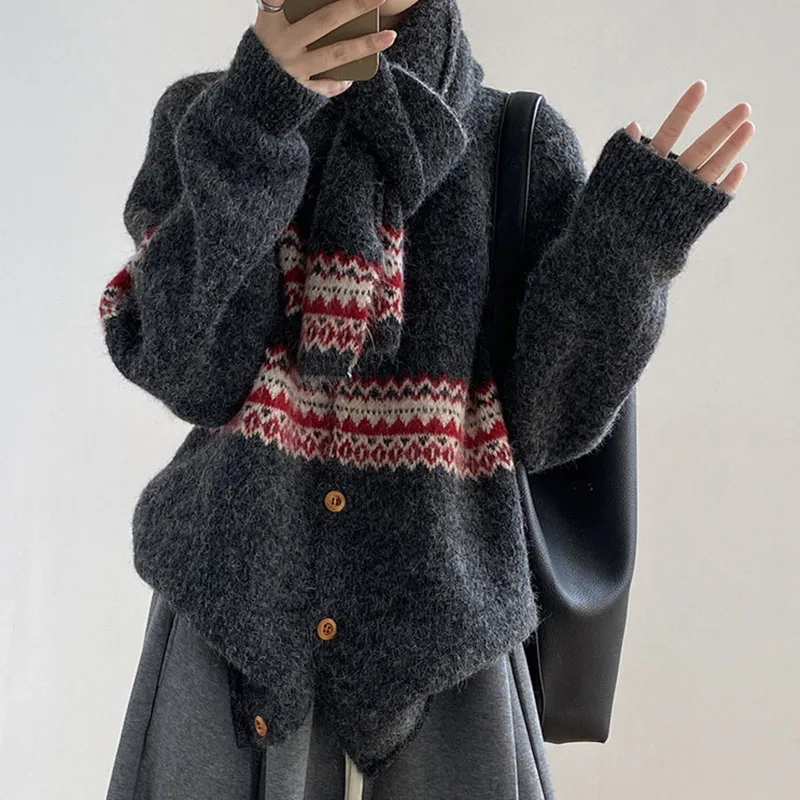 Fair Isle Jacquard Sweater with Scarf for Women Autumn Winter Warm Oversized Knit Cardigan Woman Soft Cozy Long Sleeve Knitwearv