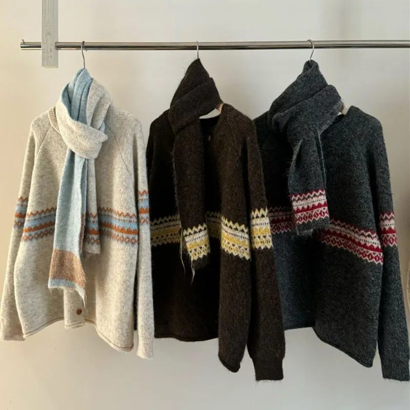 Fair Isle Jacquard Sweater with Scarf for Women Autumn Winter Warm Oversized Knit Cardigan Woman Soft Cozy Long Sleeve Knitwearv