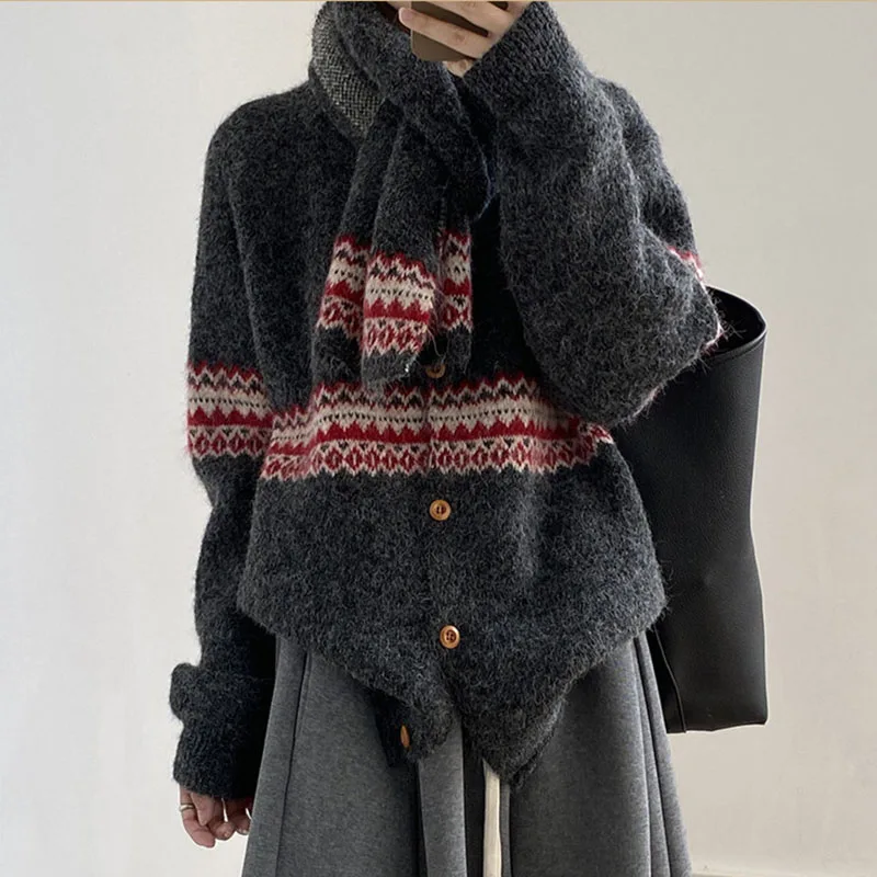 Fair Isle Jacquard Sweater with Scarf for Women Autumn Winter Warm Oversized Knit Cardigan Woman Soft Cozy Long Sleeve Knitwearv