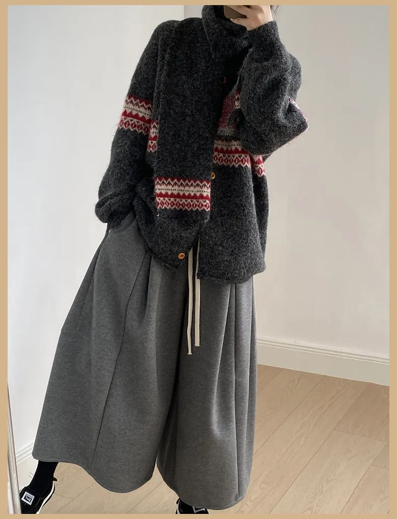 Fair Isle Jacquard Sweater with Scarf for Women Autumn Winter Warm Oversized Knit Cardigan Woman Soft Cozy Long Sleeve Knitwearv