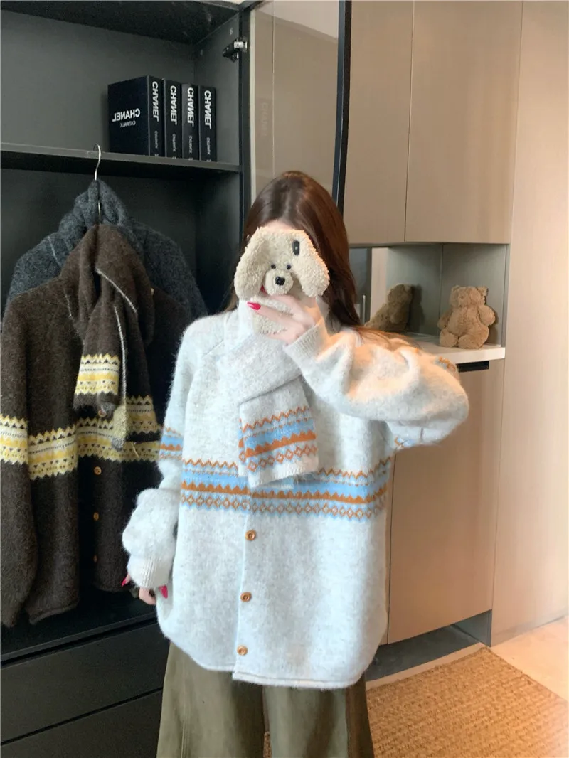 Fair Isle Jacquard Sweater with Scarf for Women Autumn Winter Warm Oversized Knit Cardigan Woman Soft Cozy Long Sleeve Knitwearv