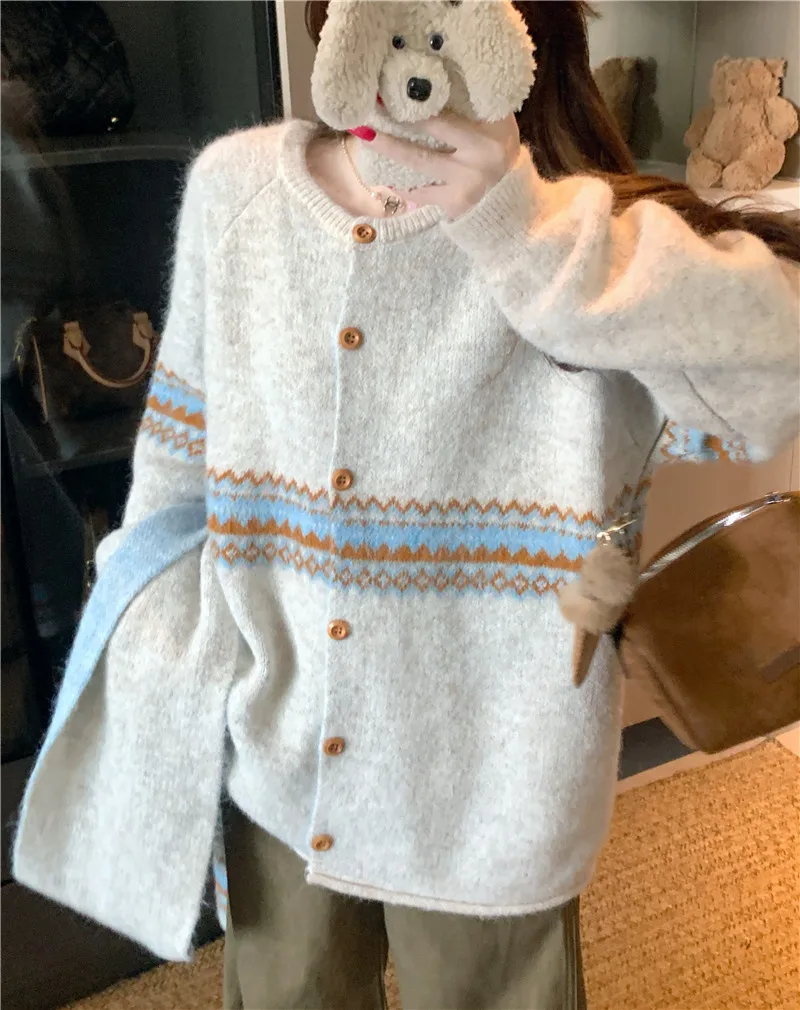 Fair Isle Jacquard Sweater with Scarf for Women Autumn Winter Warm Oversized Knit Cardigan Woman Soft Cozy Long Sleeve Knitwearv