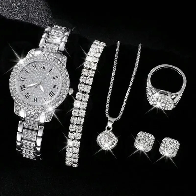 Full Diamond Roman Literal Steel Strip Watch with Starry Charm Business Quartz Watch Set