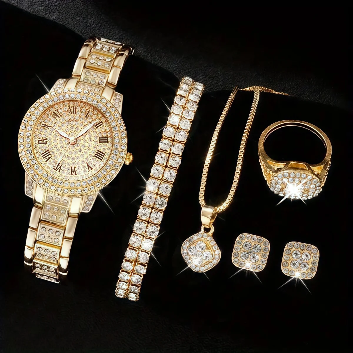 Full Diamond Roman Literal Steel Strip Watch with Starry Charm Business Quartz Watch Set