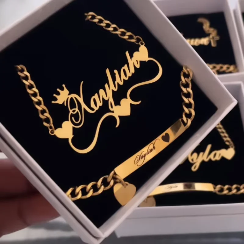 Custom Crown Butterfly Name Necklace Bracelet for Women Jewelry Stainles Steel Gold Color Nameplate Kids Set Best Gifts