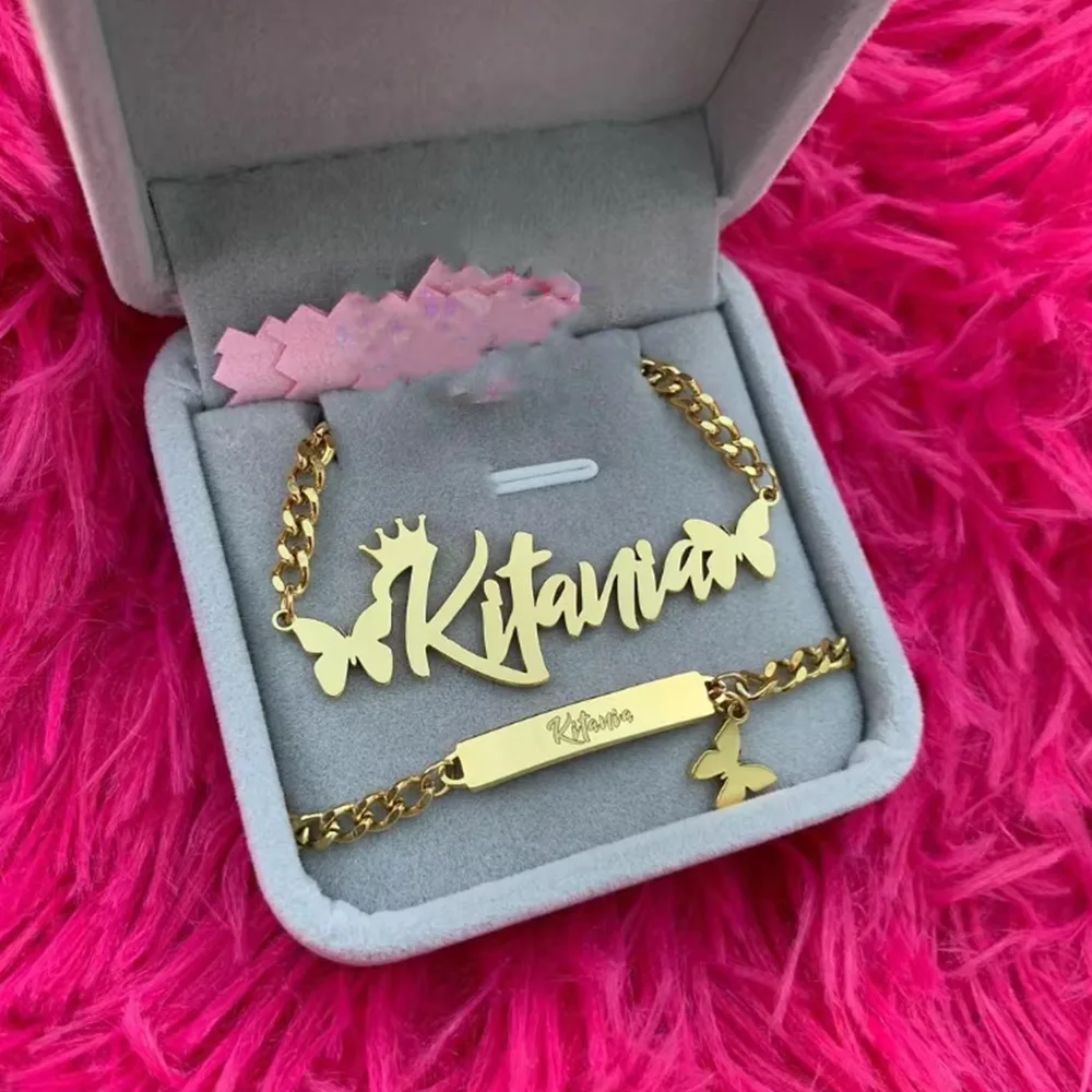 Custom Crown Butterfly Name Necklace Bracelet for Women Jewelry Stainles Steel Gold Color Nameplate Kids Set Best Gifts