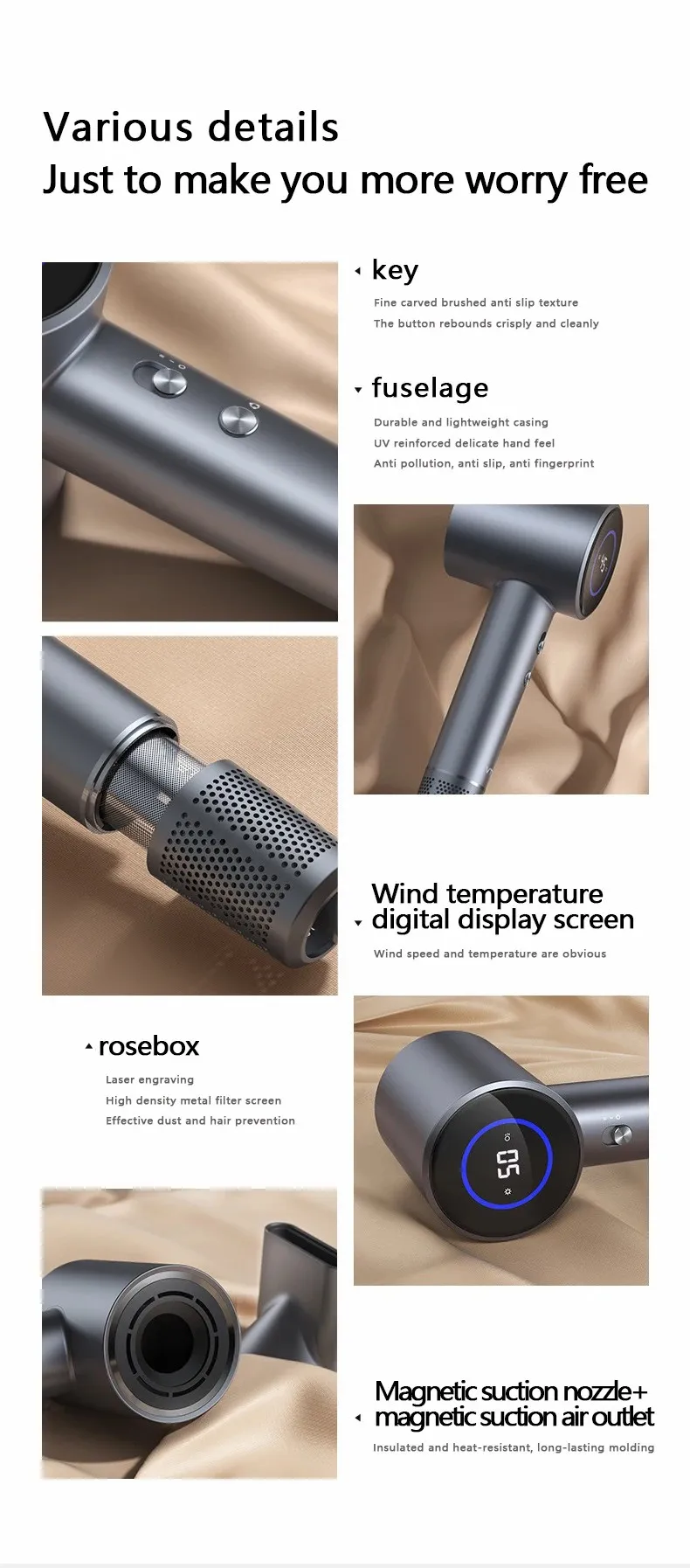 Hairdryer New high speed hair anion high speed hair dryer Hair LED display hair dryer with nozzle 110V 220V 1600W high power