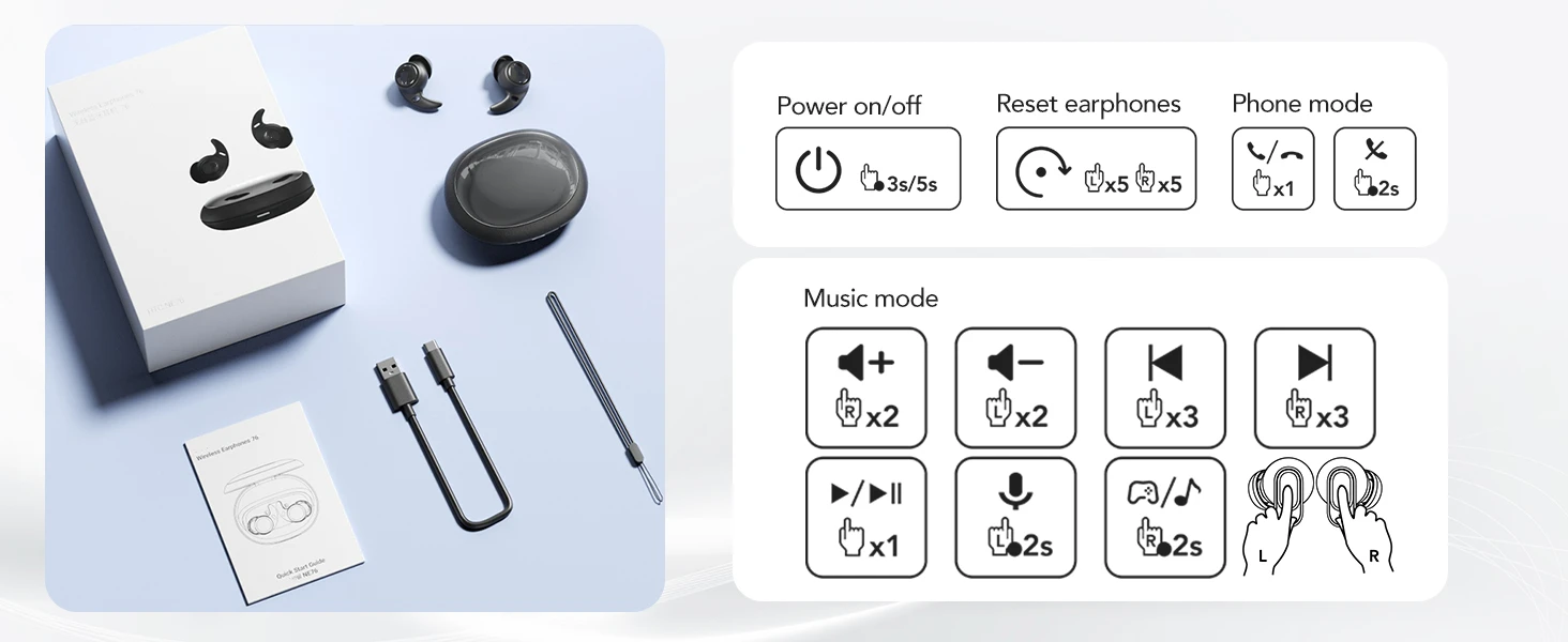 HTC NE76 Bluetooth Earbuds Mini Sleeping Earbuds for Wireless Earphones AI Translator, Noise Reduction Long Battery Headphones