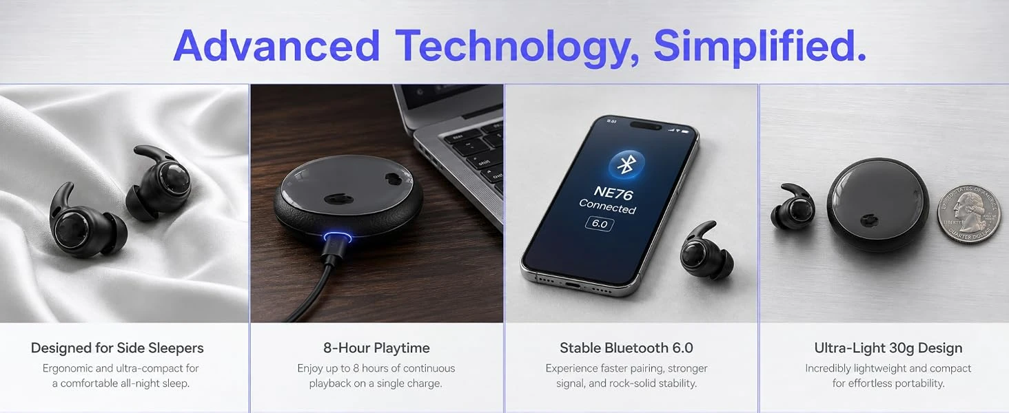 HTC NE76 Bluetooth Earbuds Mini Sleeping Earbuds for Wireless Earphones AI Translator, Noise Reduction Long Battery Headphones