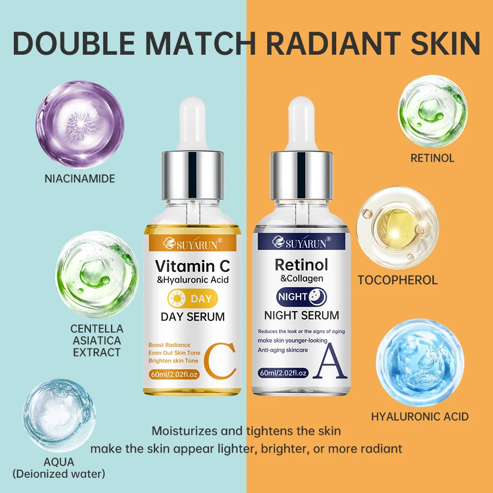 SUYARUN Day Vitamin C Night Retinol Serum - Brightening & Anti-Aging | 2-in-1 Formula for Skin Repair | All Skin Types.