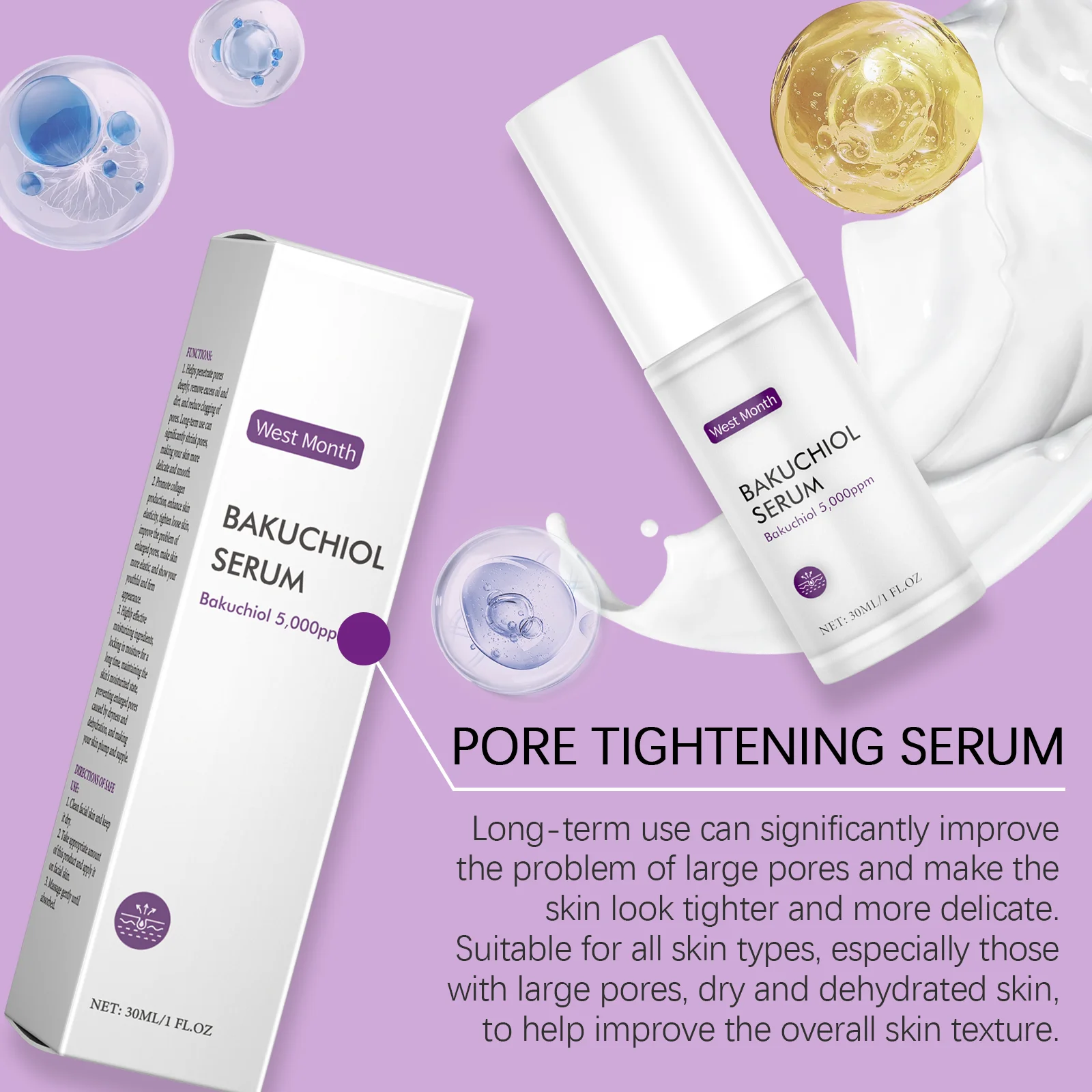 West Month Bakuchiol Serum Pore Remover Anti Sagging Smooth Skin Firming Deep Hydration Refreshing Hyaluronic Acid Face Serum