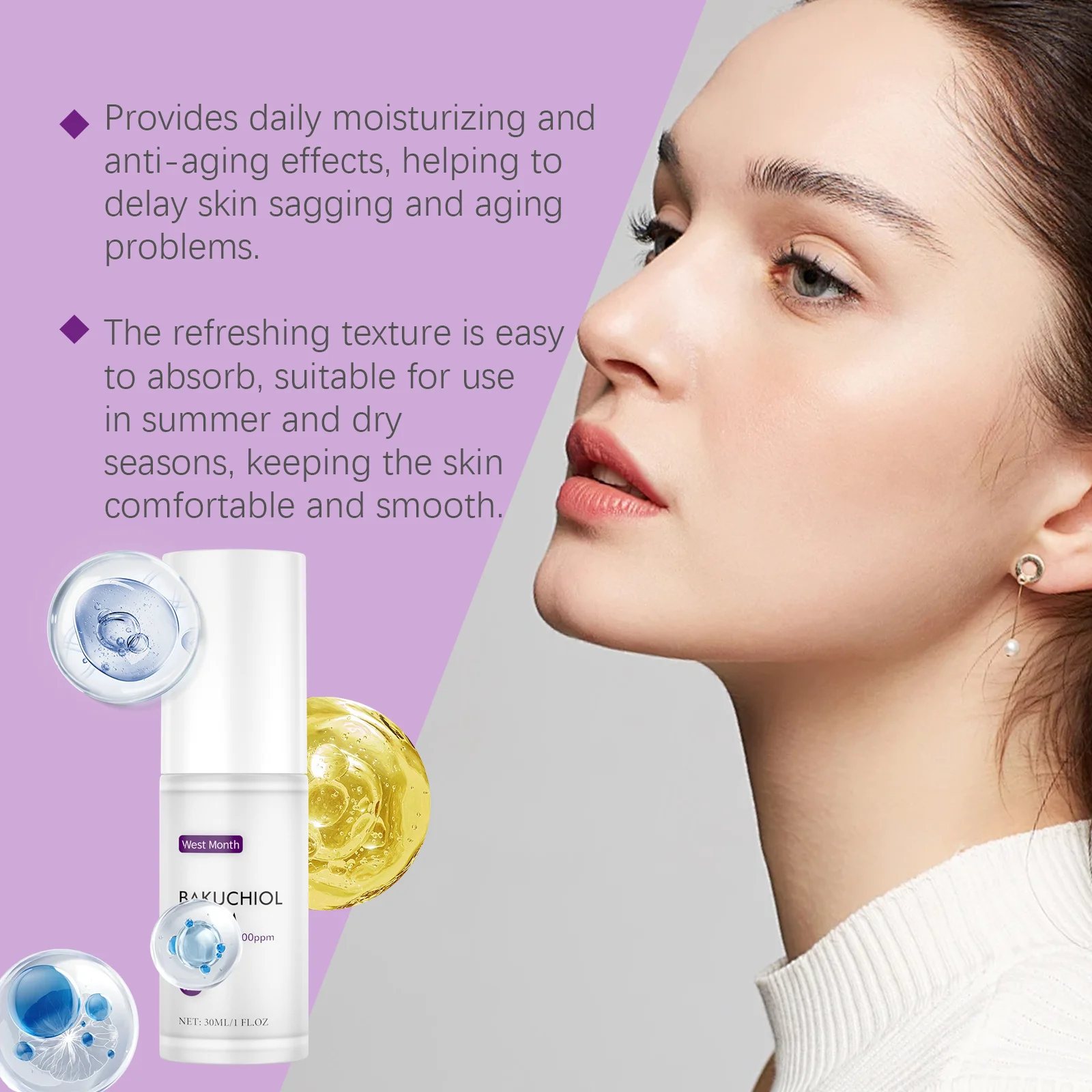 West Month Bakuchiol Serum Pore Remover Anti Sagging Smooth Skin Firming Deep Hydration Refreshing Hyaluronic Acid Face Serum