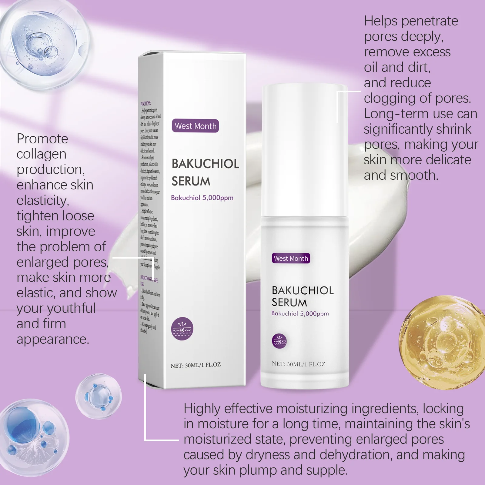 West Month Bakuchiol Serum Pore Remover Anti Sagging Smooth Skin Firming Deep Hydration Refreshing Hyaluronic Acid Face Serum