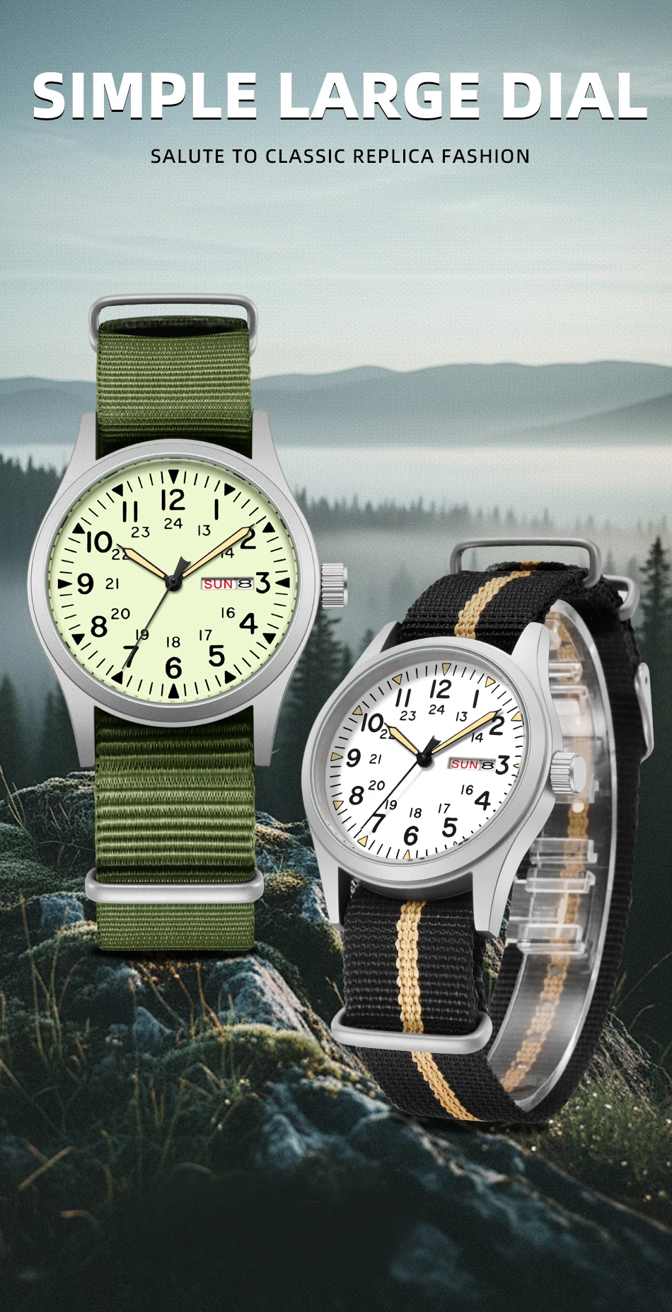 TPW 2026 Luminous 38mm Women's Field Watch Easy Read Fabric Strap 24hr Display Date Day Function Quartz Movement