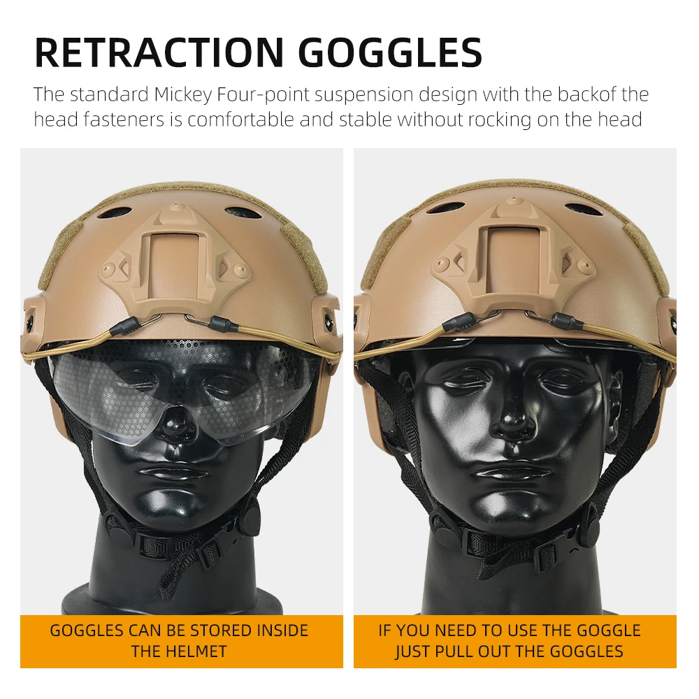 BOOIU Tactical Helmet Fast PJ Airsoft Helmet with Goggles ABS CS Riding Shooting Helmets Outdoor Sports Head Protection Gear
