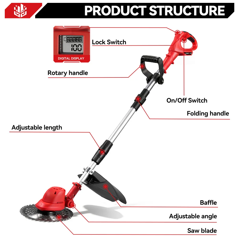 ONEVAN 36000RPM Brushless Electric Lawn Mower Cordless Grass Trimmer Foldable Adjustable Garden Cutter For Makita Battery Pin