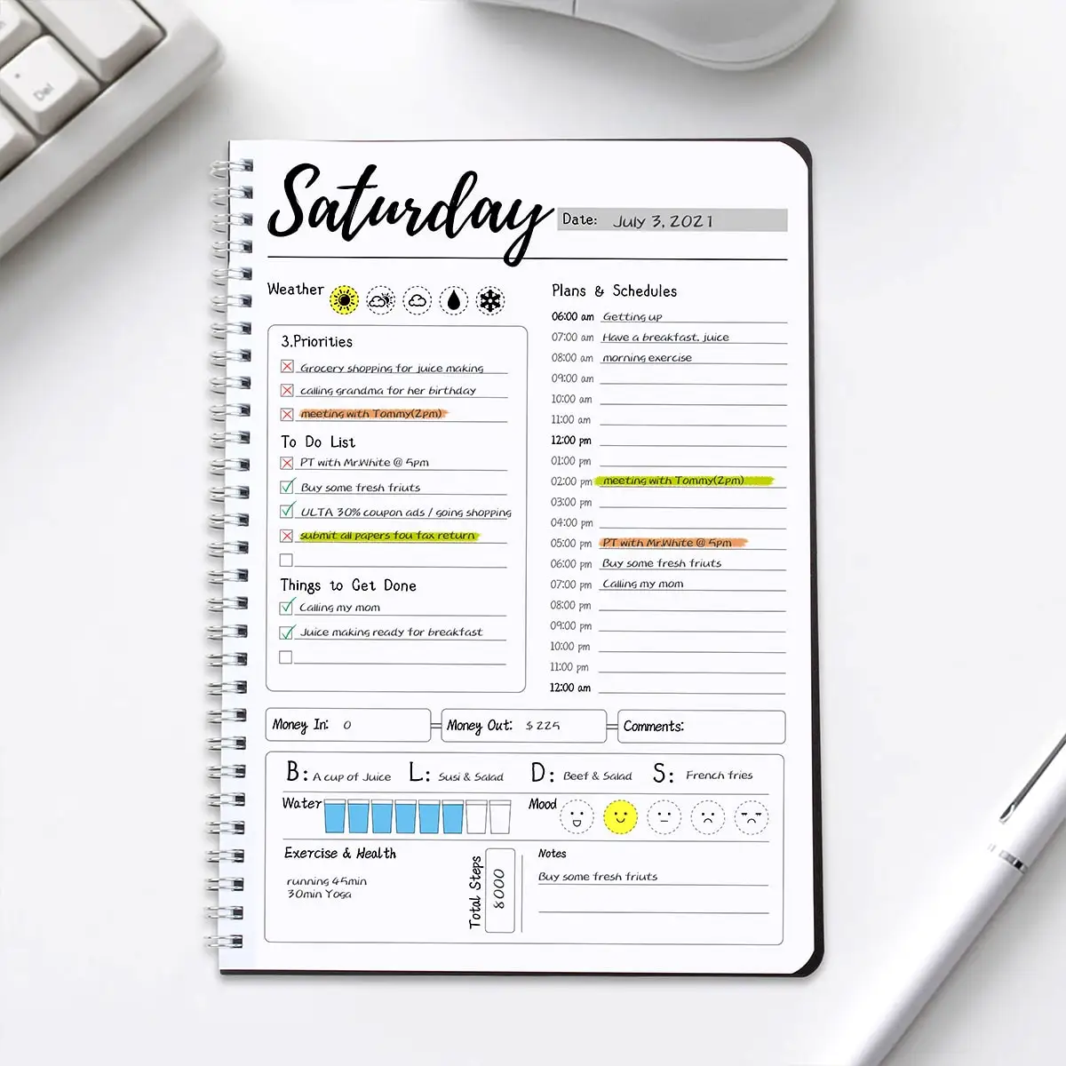 1PC Undated Today's Planner 10x7.3in Spiral Daily Weekly Schedule Notebook, To Do List Time Management Journal