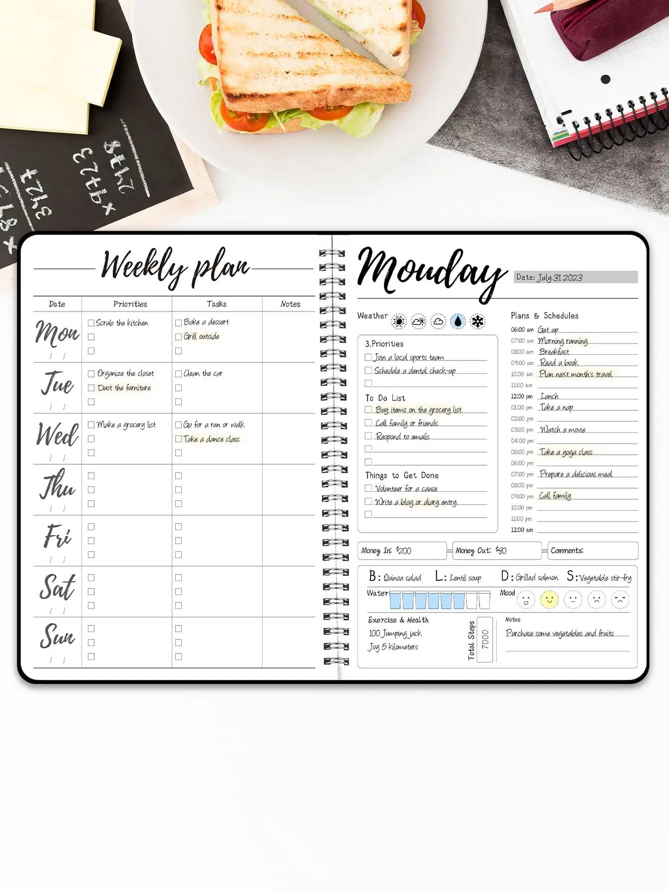1PC Undated Today's Planner 10x7.3in Spiral Daily Weekly Schedule Notebook, To Do List Time Management Journal