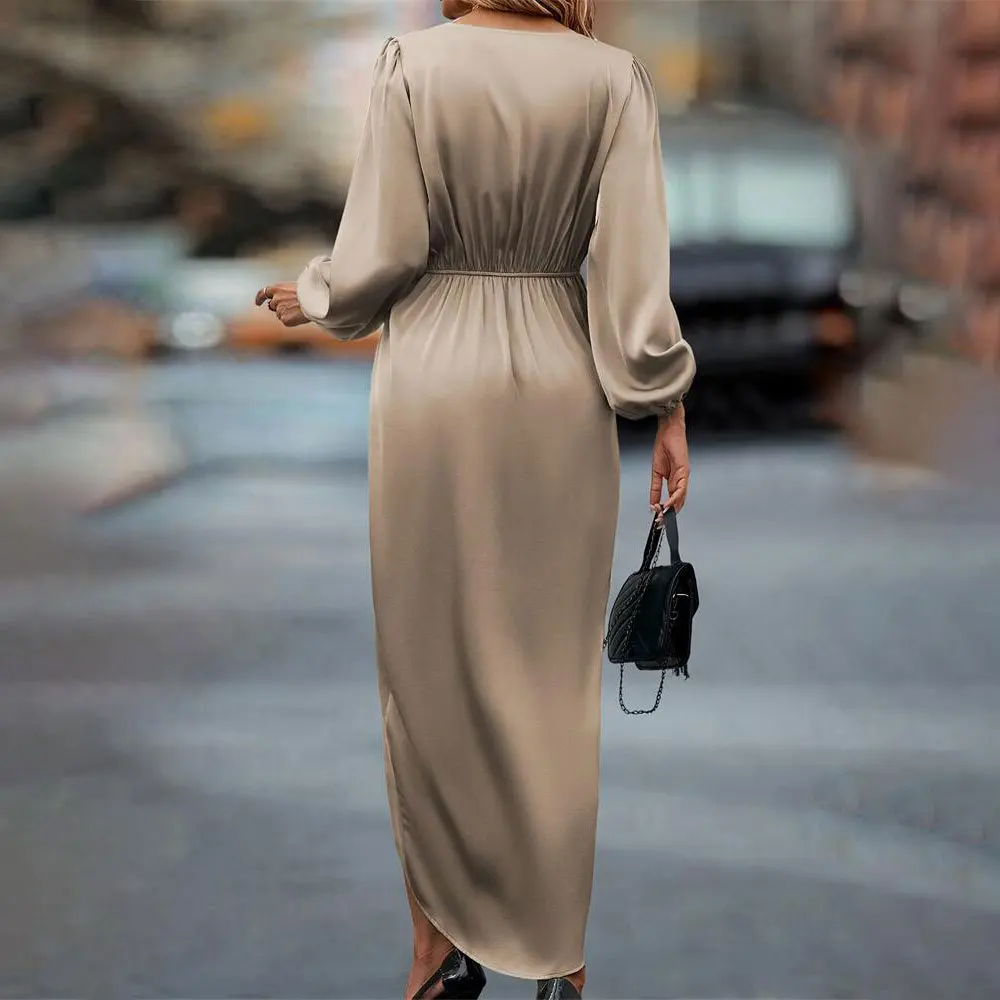 Women Satin Long Sleeve Midi Dress V Neck Twist Front Wrap Design High Slit Elegant Evening Dress For Wedding Guest Cocktail Par