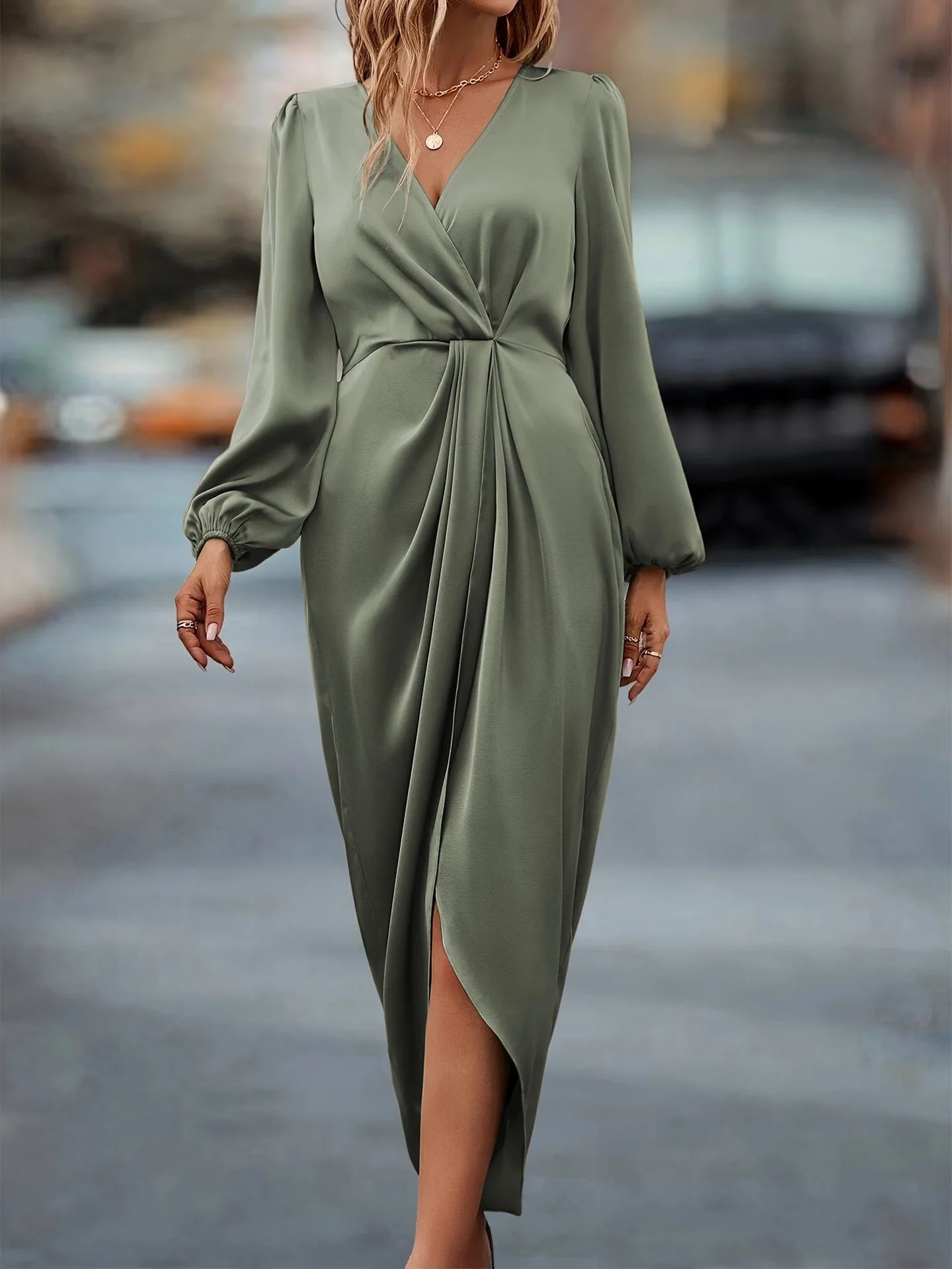 Women Satin Long Sleeve Midi Dress V Neck Twist Front Wrap Design High Slit Elegant Evening Dress For Wedding Guest Cocktail Par