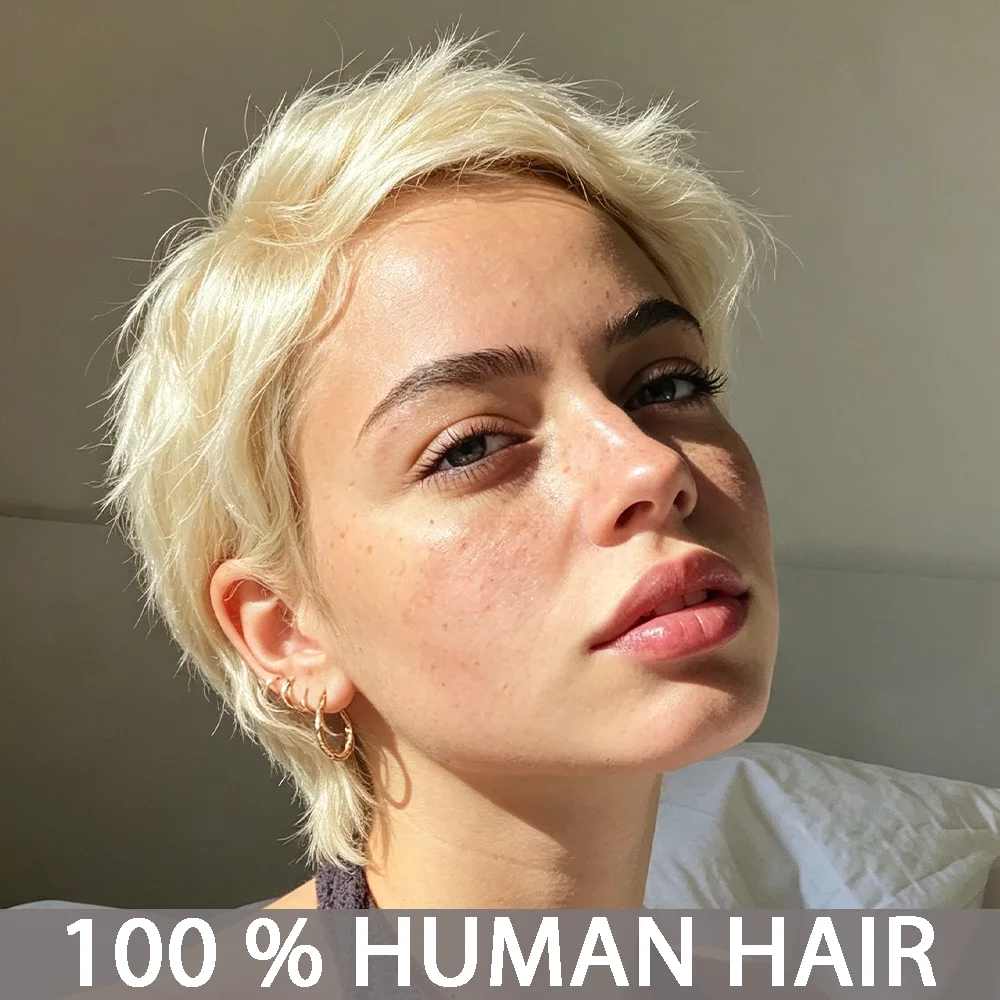 6 Inch Pixie Cut Human Hair Wig for Women, Short Blonde Color Straight Pixie Cut with Bangs, Full Machine-Made Rose Net Cap, Short Layered Wig Suitable for Holidays