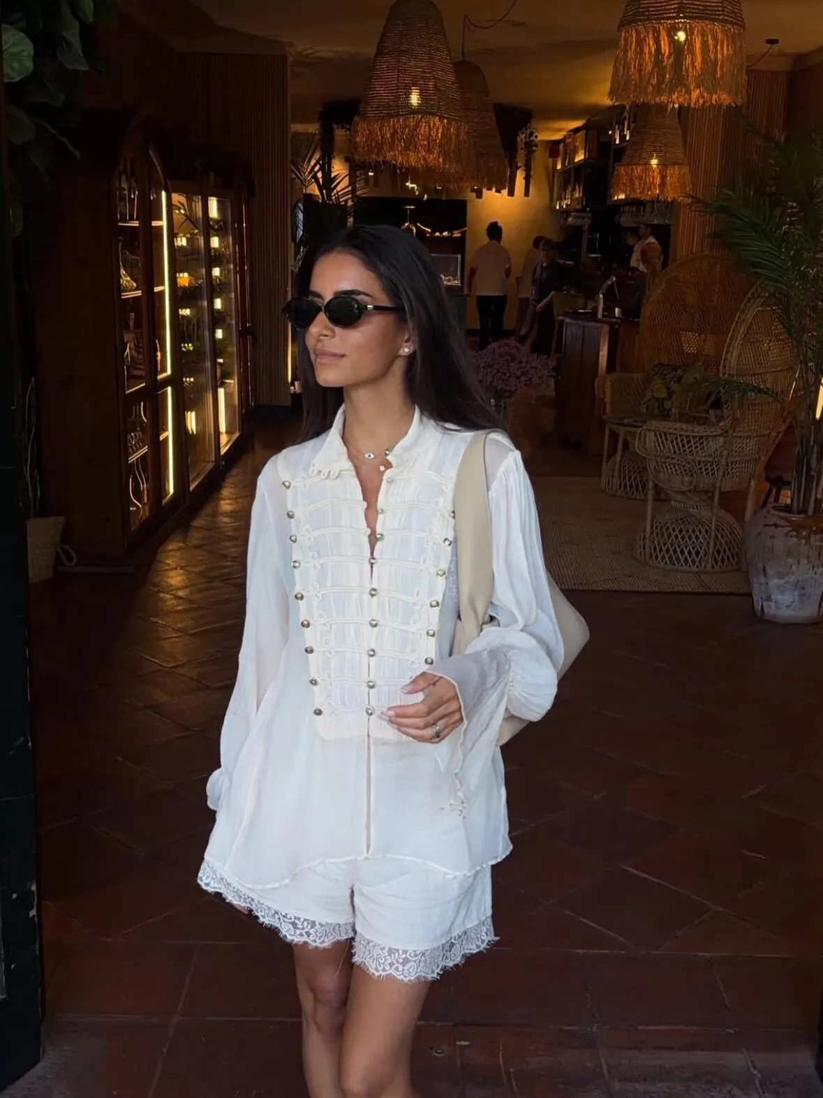 YENKYE Women Decorative Button Romantic Shirt Long Flare Sleeve High Neck Pleated Vintage Elegant Tops